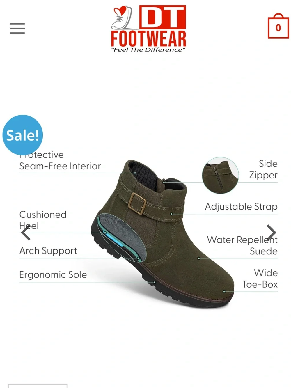 Orthofeet Scarlett boots comfort olive green suede buckle side zip 8 wide